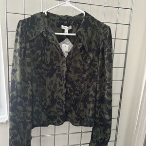 Topshop Green and Black Patterned Blouse
